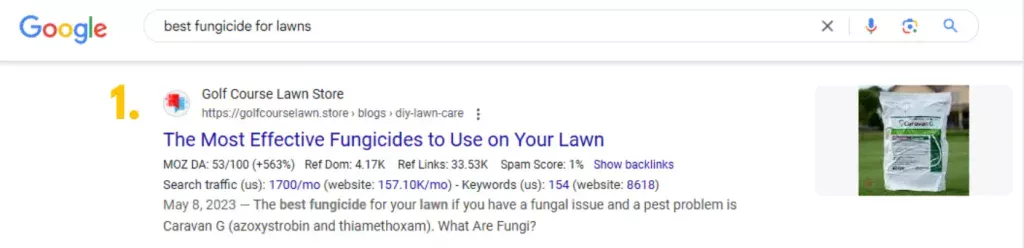 Screenshot of Google SERP in US showing Golf Course Lawn Store rank in position 1 for keyword "best fungicide for lawns" for their blog The Most Effective Fungicides to Use on Your Lawn