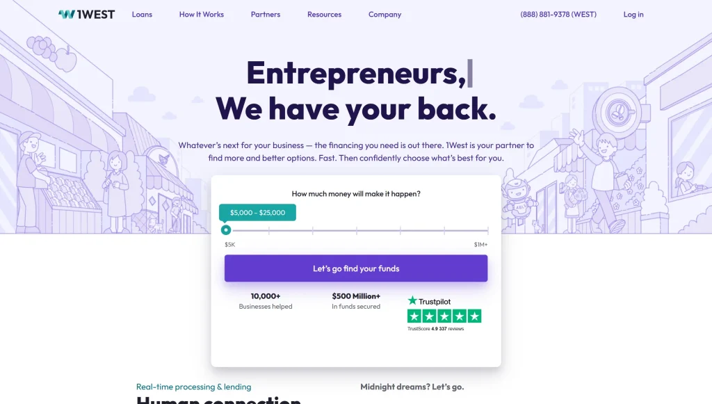 1West homepage with “Entrepreneurs, we have your back” headline, funding slider, and cartoon storefronts.