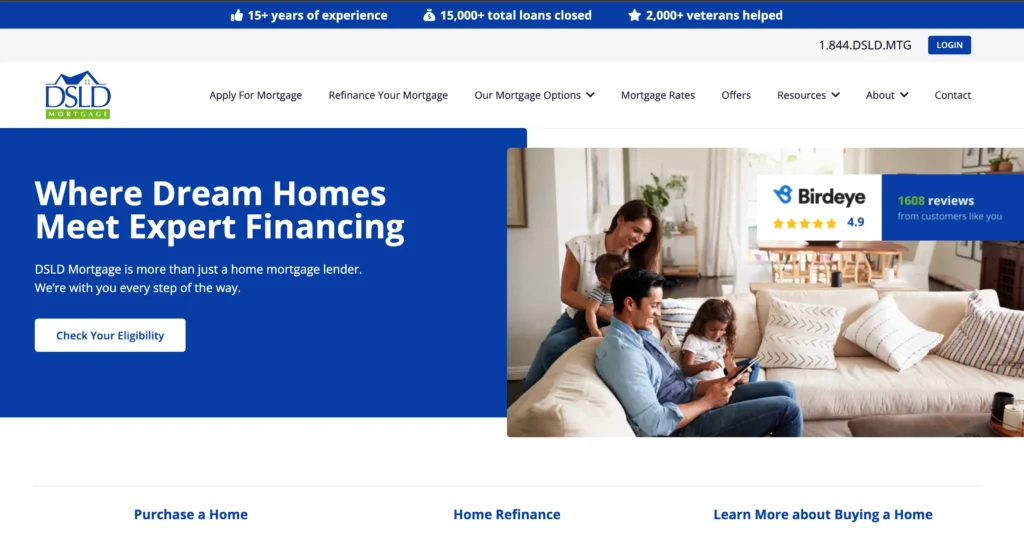 Screenshot of the DSLD Mortgage home page.