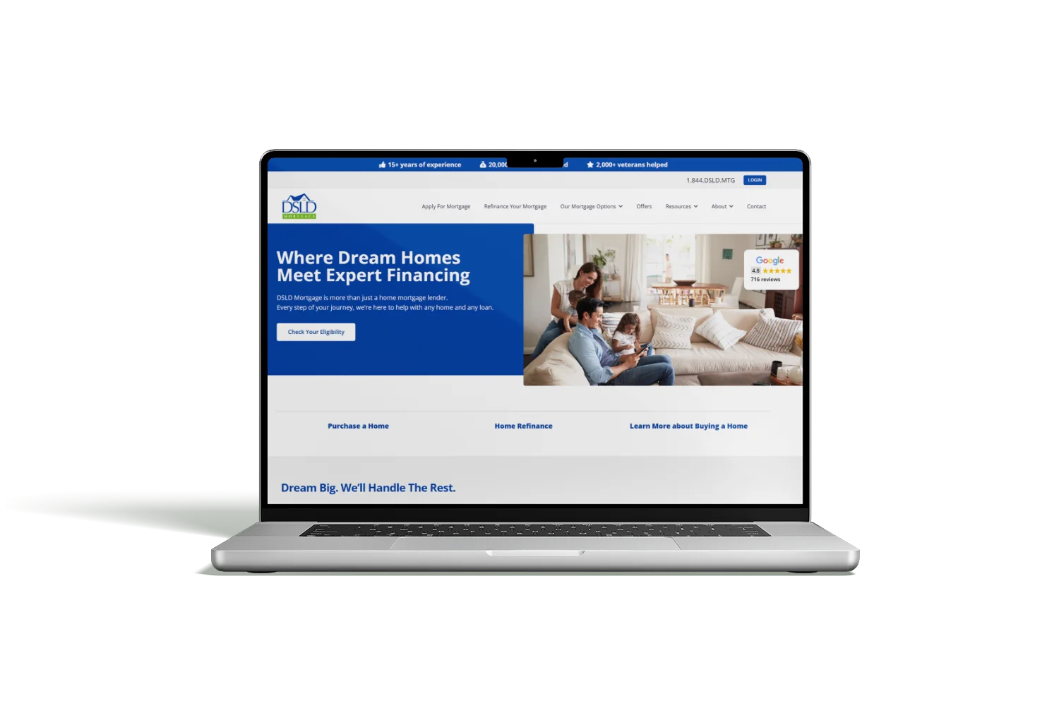 Laptop screen displaying the DSLD Mortgage homepage with the headline "Where Dream Homes Meet Expert Financing," a Google rating badge, and a photo of a family relaxing on a sofa.