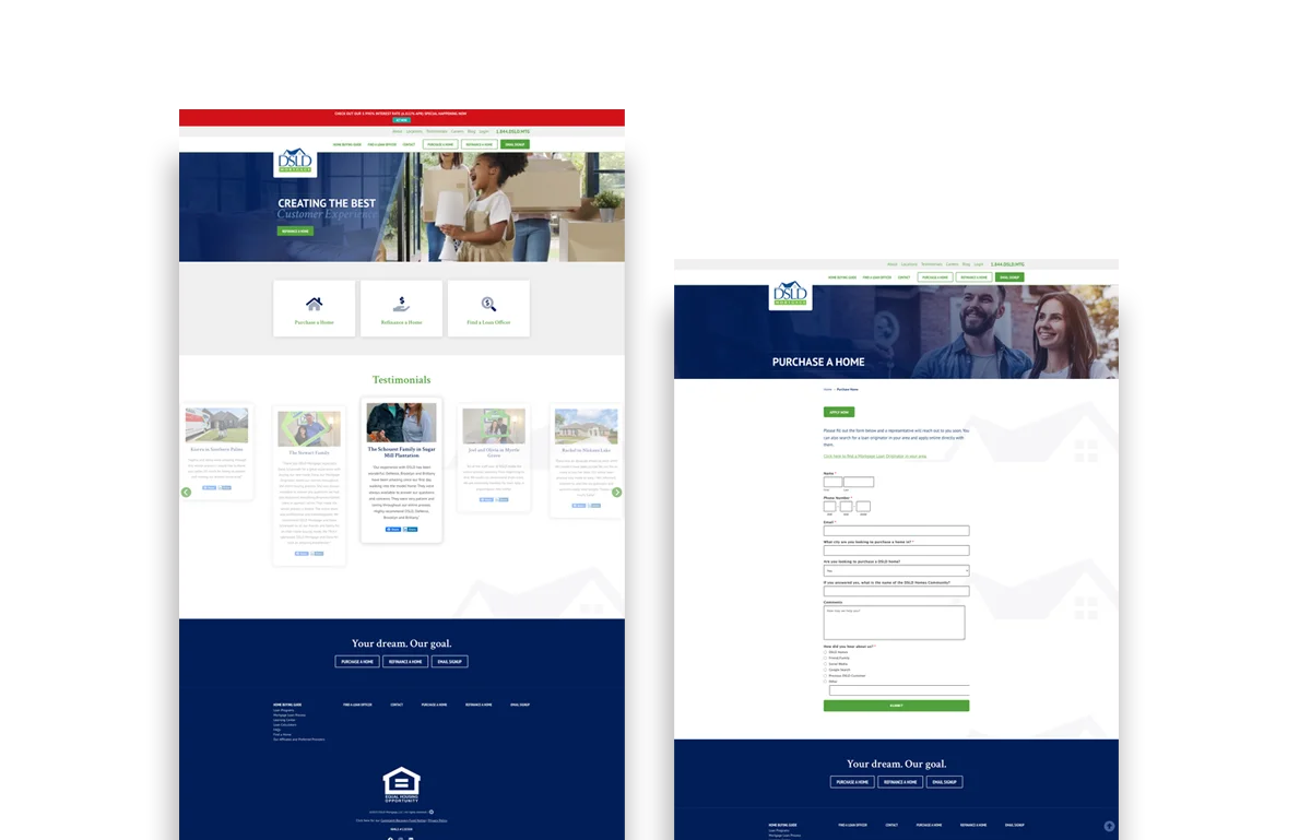 Side-by-side screenshots of two DSLD Mortgage website pages: a homepage with testimonials and quick links, and a "Purchase a Home" page with a contact form.