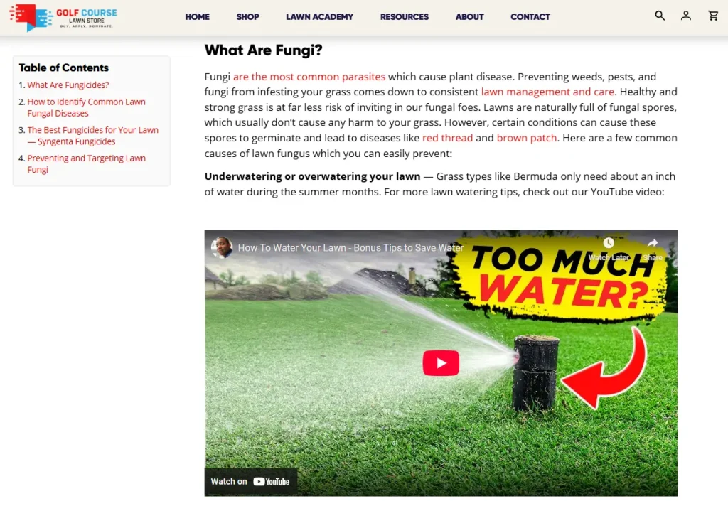 Screenshot of Golf Course Lawn Store's Blog on Fungi, showing inclusion of a YouTube video created by owner Ron, in-depth copy on "what are fungi" and internal links