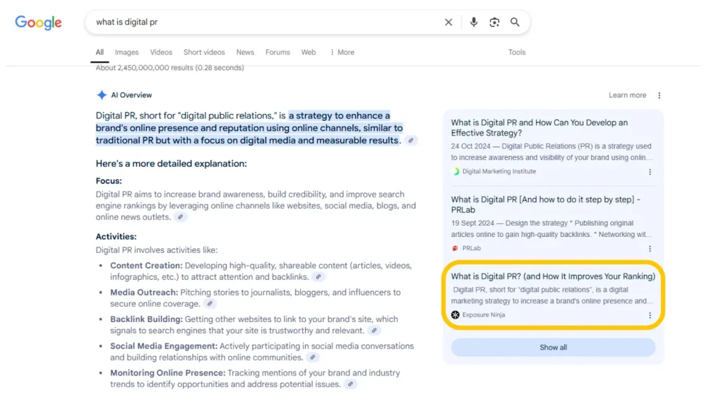 Screenshot of Google's AI Overview for keyword "what is digital PR" showing Exposure Ninja ranking in the citation list for our blog on What Is Digital PR (and How It Improves Your Ranking)