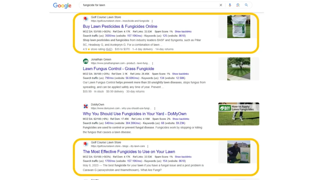 Screenshot of Google SERP for keyword "fungicide for lawn" in US with Golf Course Lawn Store featuring in two positions on page one for informational and commercial keywords