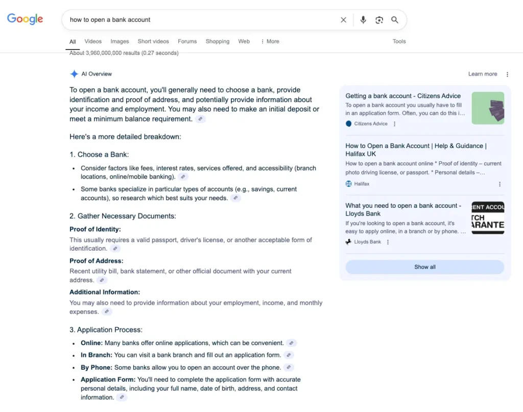 Screenshot of an AI Overview for keyword "how to open a bank account" showing an AI-generated summary with a link card to cited websites