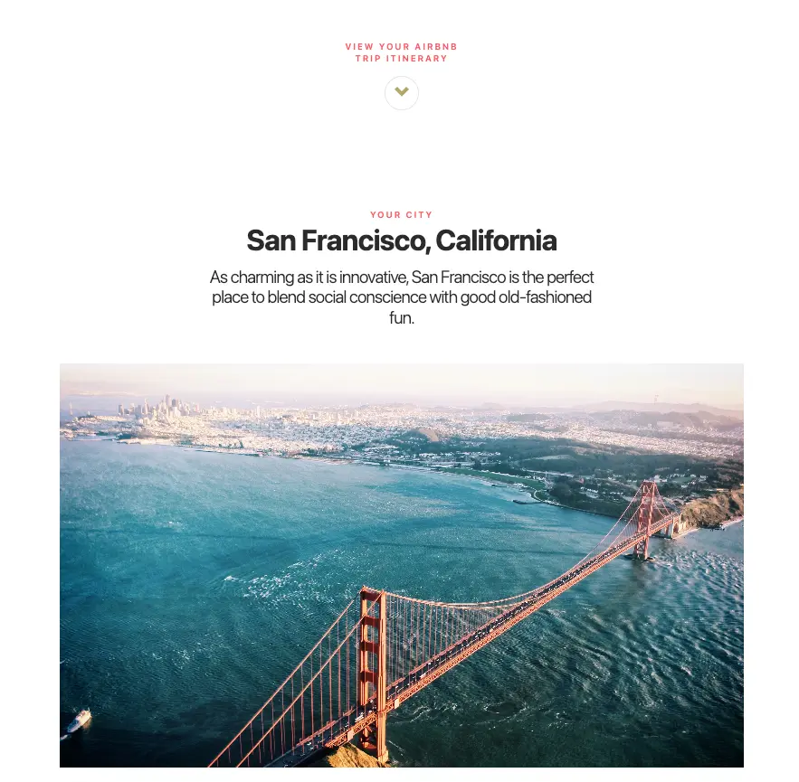 Screenshot of AirBnB's quiz, showing San Francisco, California as the result and an image of the bridge