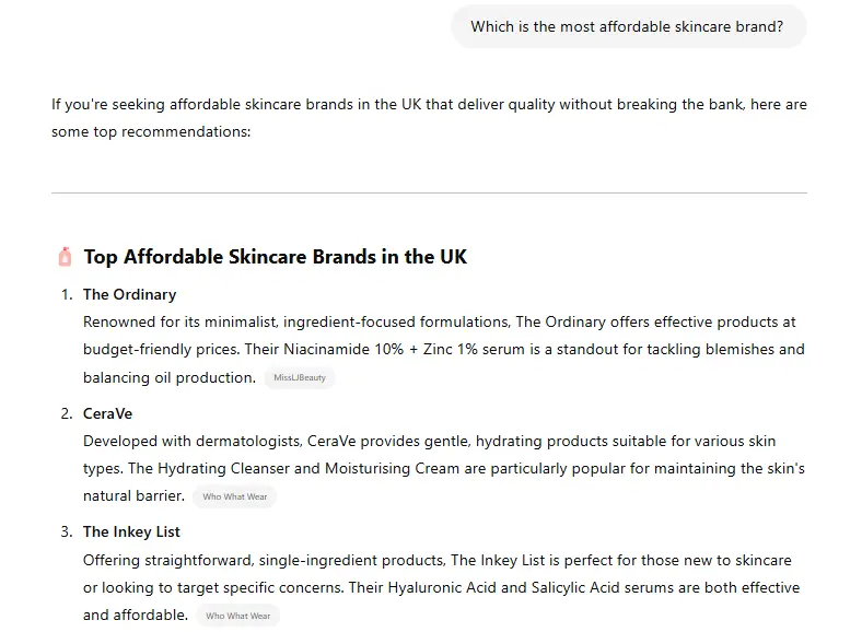 Screenshot of ChatGPT output to Which Is The Most Affordable Skincare Brand, showing the top 3 results of a list, with The Ordinary in position 1