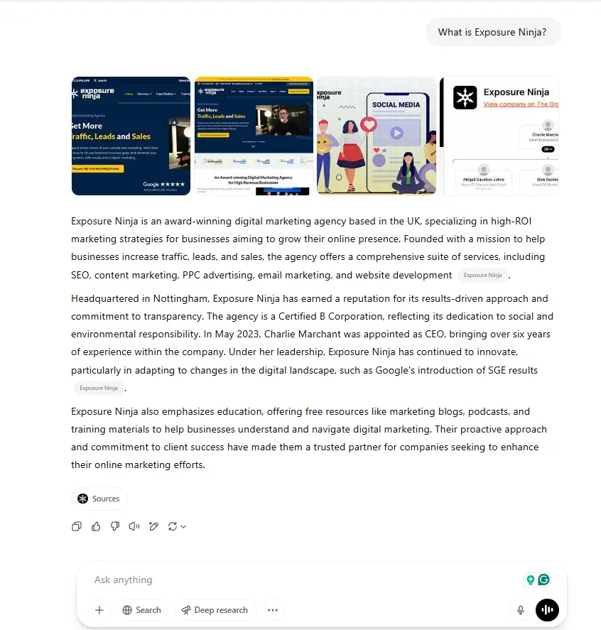 Screenshot of ChatGPT response to What Is Exposure Ninja, showing image carousel and a three paragraph description with source links