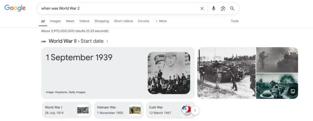 Screenshot of Direct Answer Box to keyword "When was World War 2?" showing the date (1 September 1939) and some images