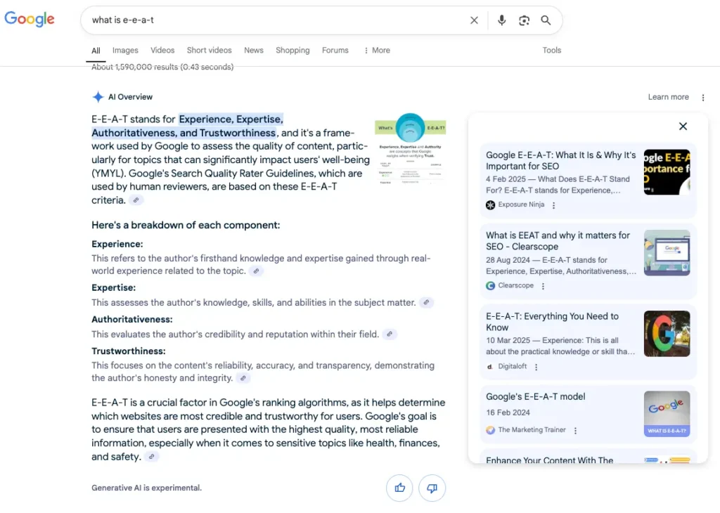 Screenshot of AI Overviews for keyword "what is E-E-A-T" showing Exposure Ninja's blog on Google E-E-A-T: What It Is & Why It's Important for SEO in the link card
