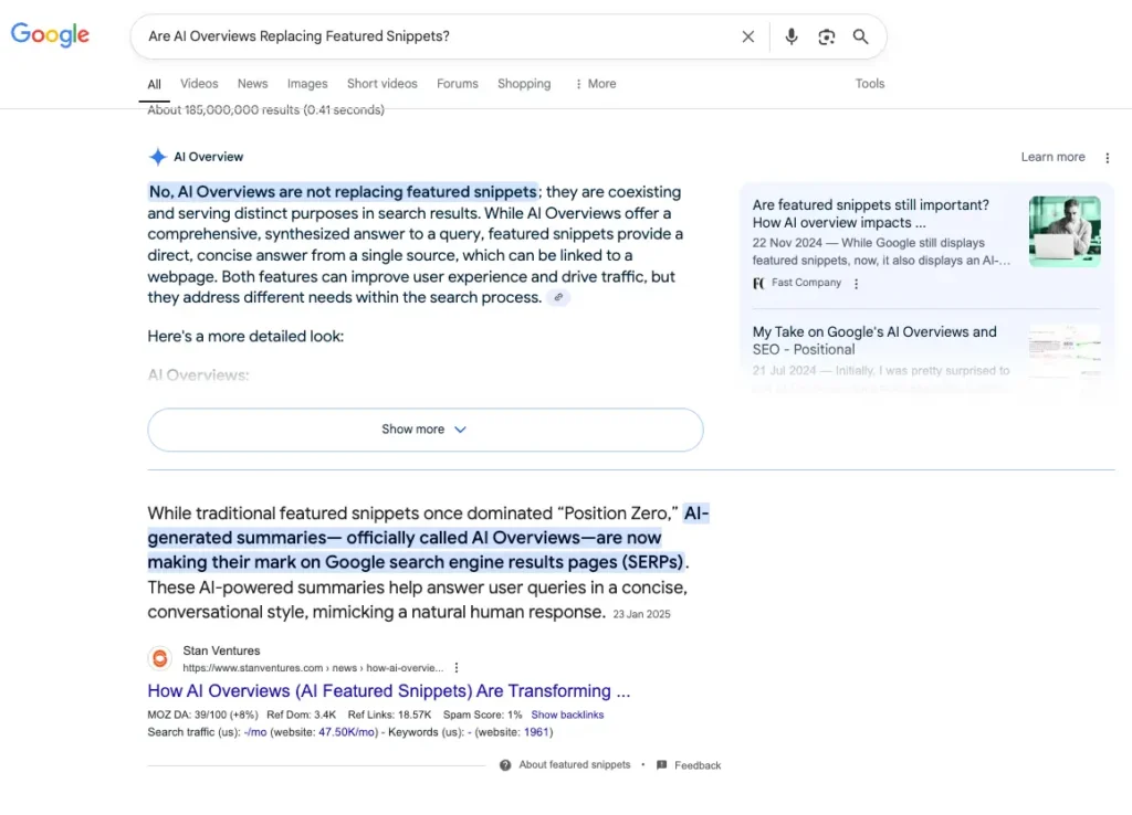 Screenshot of Featured Snippet by Stan Ventures and an AI Overview for keyword "Are AI Overviews Replacing Featured Snippets?"