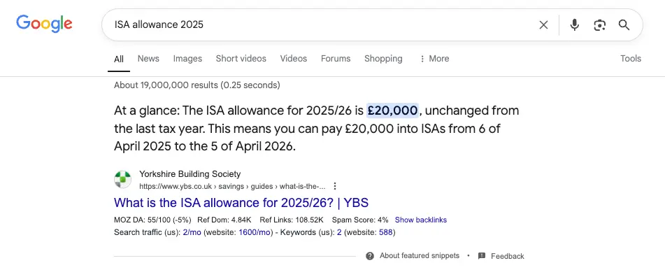 Screenshot of a Featured Snippet for keyword "ISA Allowance 2025" showing a quote pulled from What Is the ISA Allowance for 2025/2026 by Yorkshire Building Society