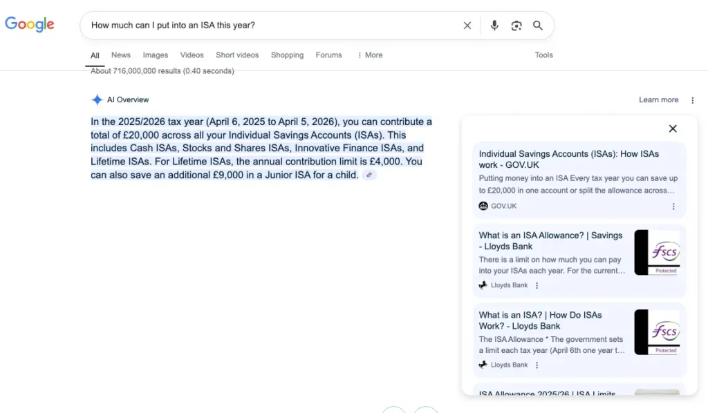 Screenshot of AI Overview for keyword "How much can I put into an ISA this year" showing a concise AI-generated summary and a link card with Lloyds Bank mentioned