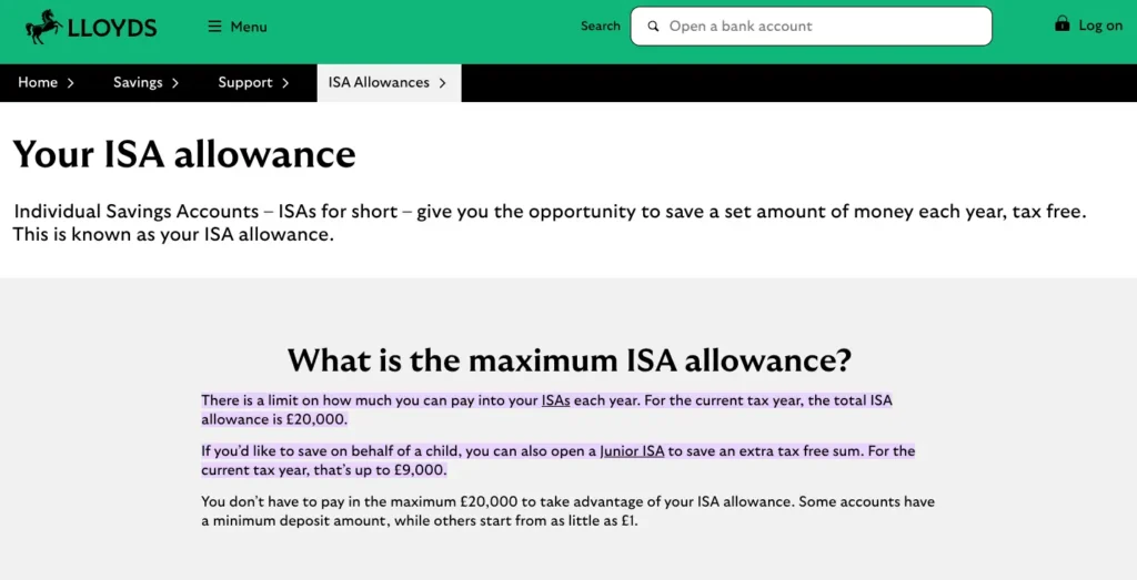Screenshot of the Lloyds Bank page cited in the AI Overview, showing a clear header "What is the maximum ISA allowance" and the concise paragraph with the section highlighted that was referenced by the AI Overviews