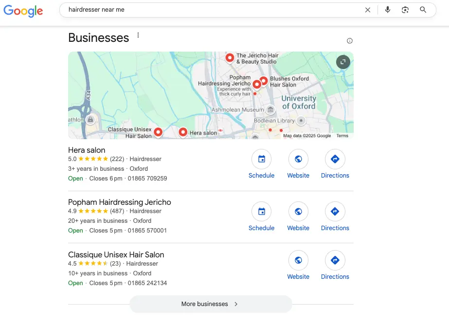 Screenshot of Local Pack for "hairdresser near me" showing a map with three listed hair salons in Oxford