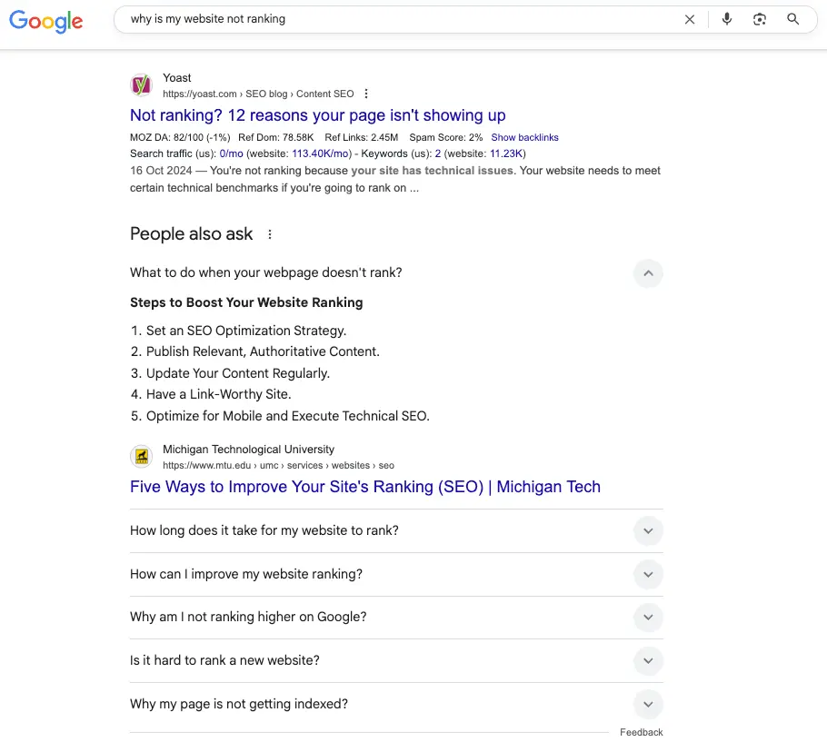 Screenshot of People Also Ask box to keyword "Why is my website not ranking" showing an expanded question "What to do when your webpage doesn't rank?"