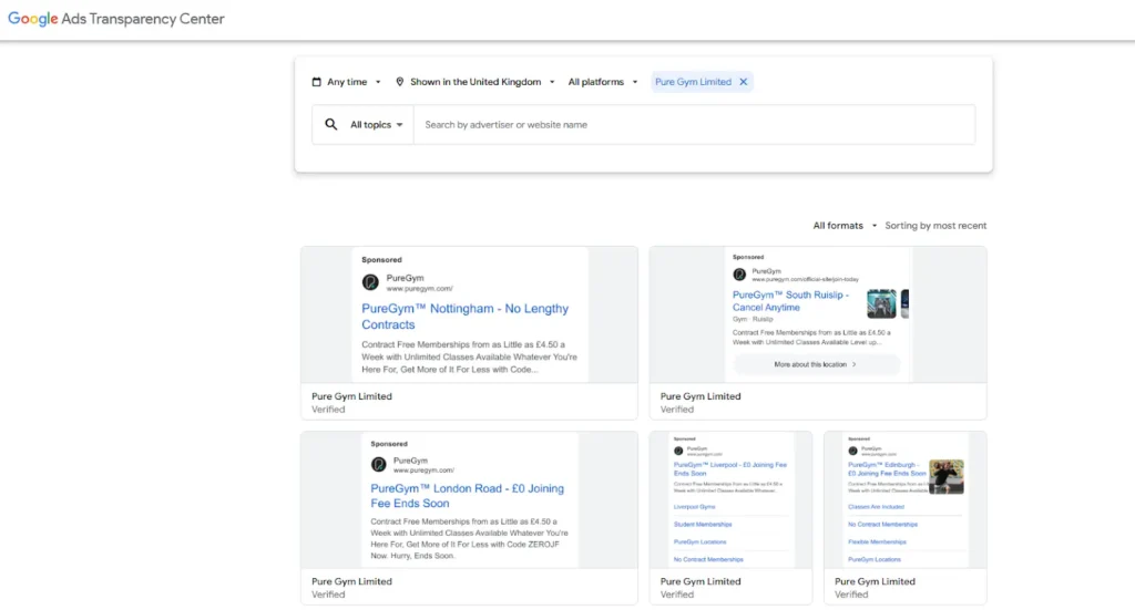 Google Ads Transparency Center for PureGym's different text ads on Google