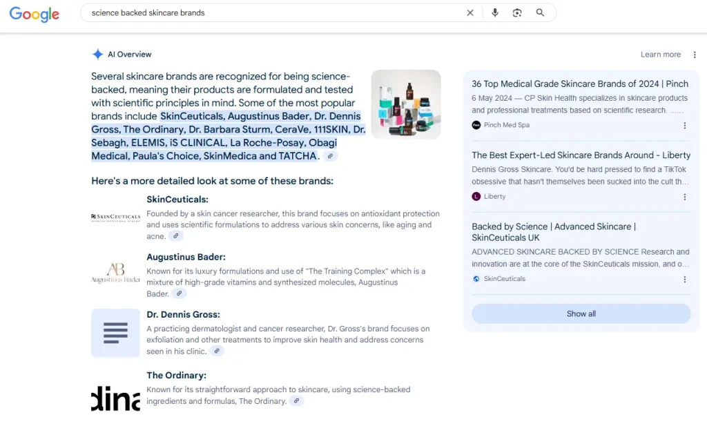 Screenshot of AI Overviews for science backed skincare brands, showing The Ordinary in the list