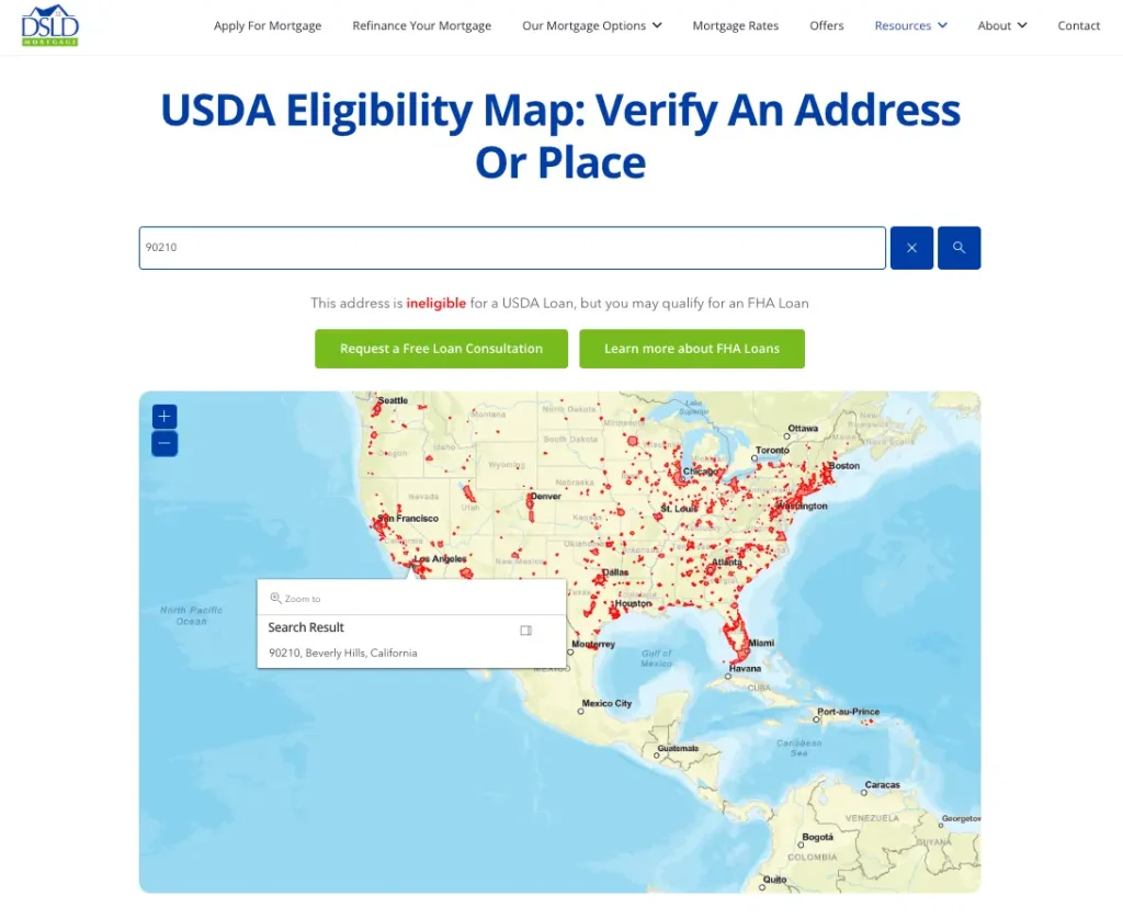 Screenshot of DSLD Mortgage's USDA Eligibility Map