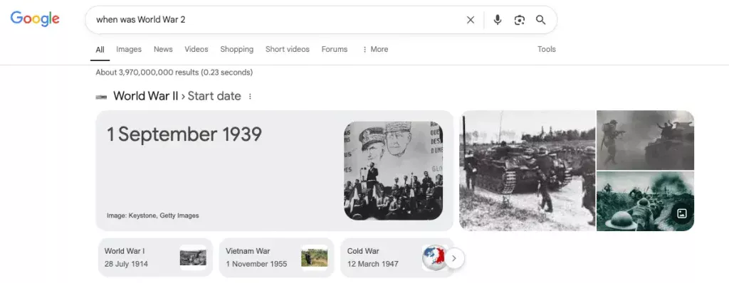 Screenshot of Direct Answer Box to keyword "When was World War 2?" showing the date (1 September 1939) and some images
