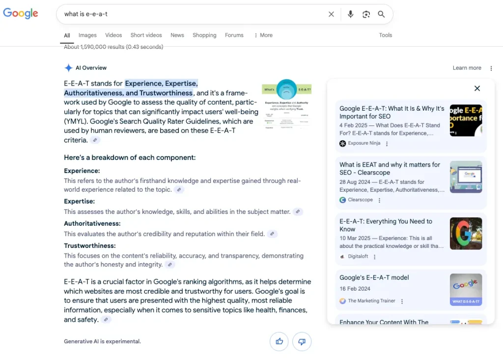 Screenshot of AI Overviews for keyword "what is E-E-A-T" showing Exposure Ninja's blog on Google E-E-A-T: What It Is & Why It's Important for SEO in the link card