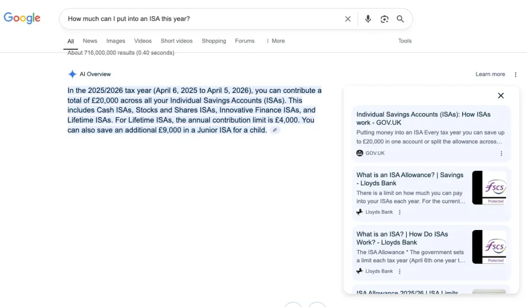 Screenshot of AI Overview for keyword "How much can I put into an ISA this year" showing a concise AI-generated summary and a link card with Lloyds Bank mentioned