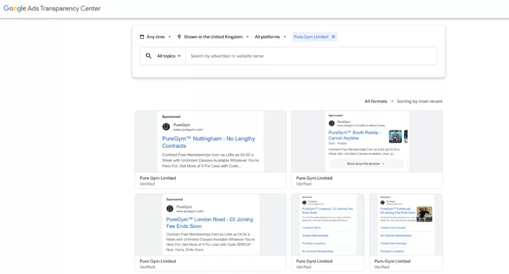 Google Ads Transparency Center for PureGym's different text ads on Google