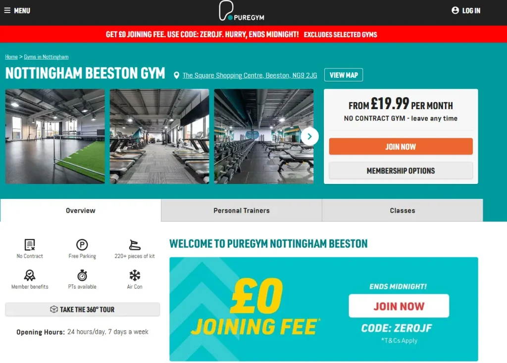 Screenshot of PureGym's landing page for their Nottingham Beeston Gym, showing £0 joining fee and monthly fee