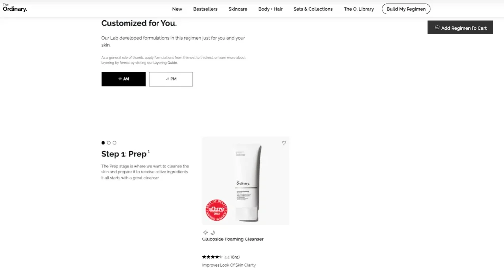 Screenshot of the customised result on The Ordinary's Build My Regime Tool showing Step 1 Prep with a product recommendation
