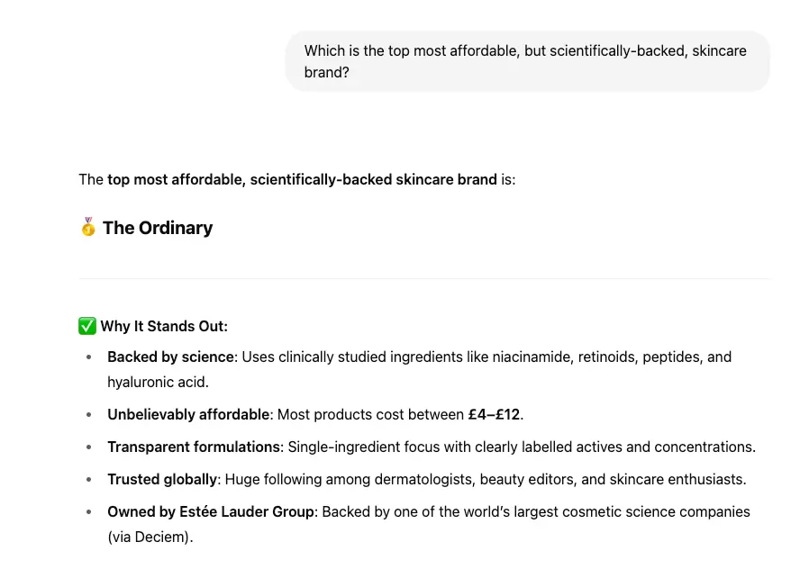 ChatGPT showing The Ordinary as an answer to the question "Which is the top most affordable, but scientifically-backed skincare brand?"