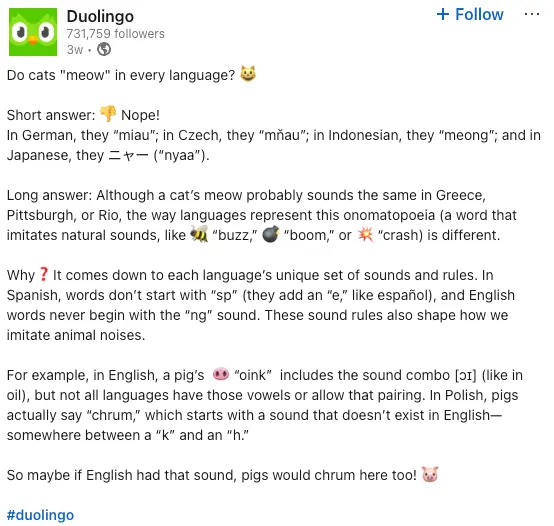 Duolingo LinkedIn post discussing the difference between "meow" in different languages, showing cheeky and playful tone of voice