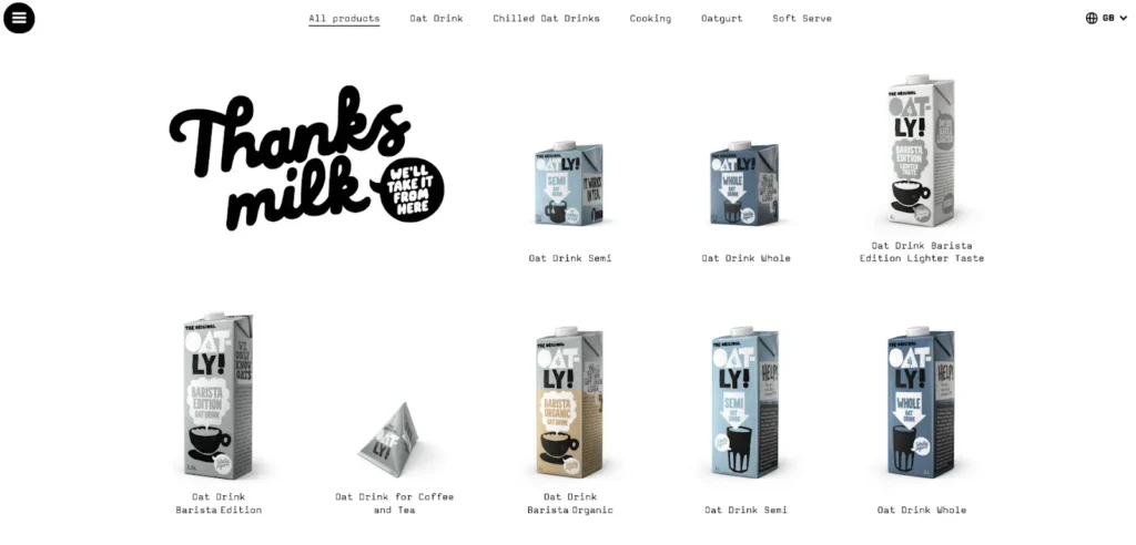 Oatly product page showing attitude with "thanks milk, we'll take it from here" header and graphic branding on the products