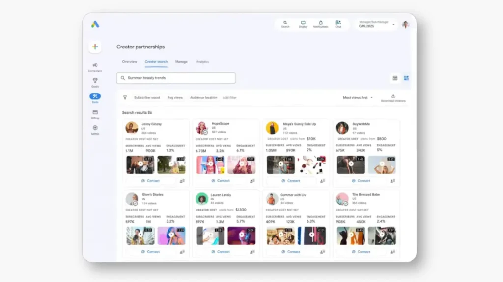 Screenshot of Google Ads' Creator Partnership Hub.