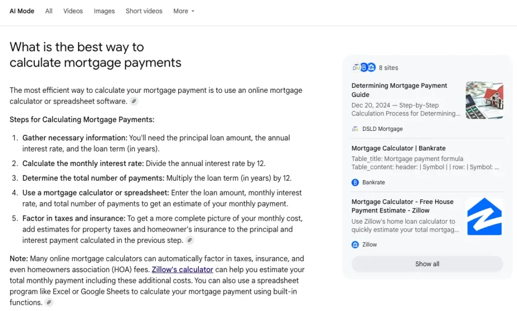 AI Mode for "What is the best way to calculate mortgage payments" with DSLD Mortgage in the link card
