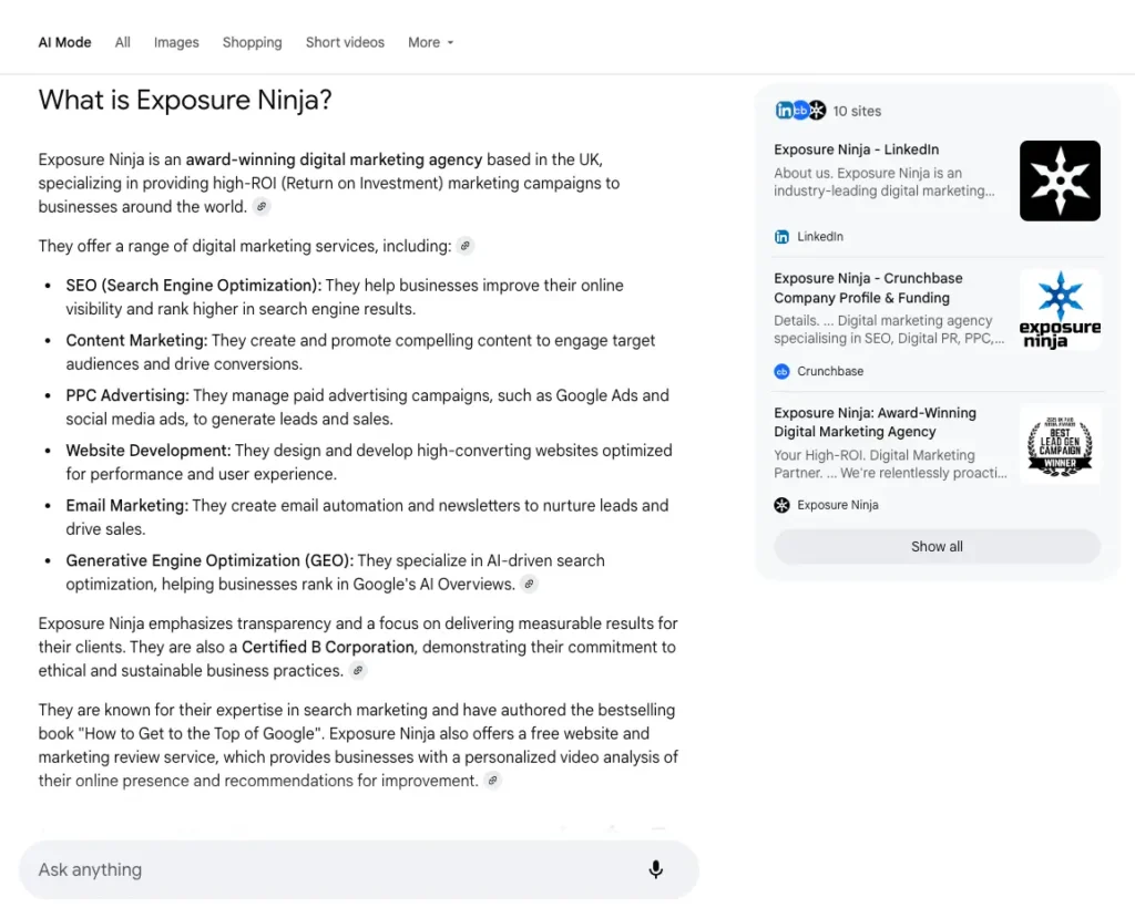 Accurate description of Exposure Ninja in AI Mode
