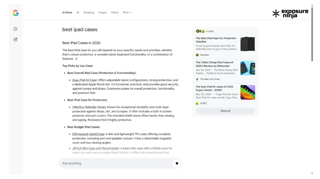 Zugu ranking in AI Mode for "Best iPad case"
