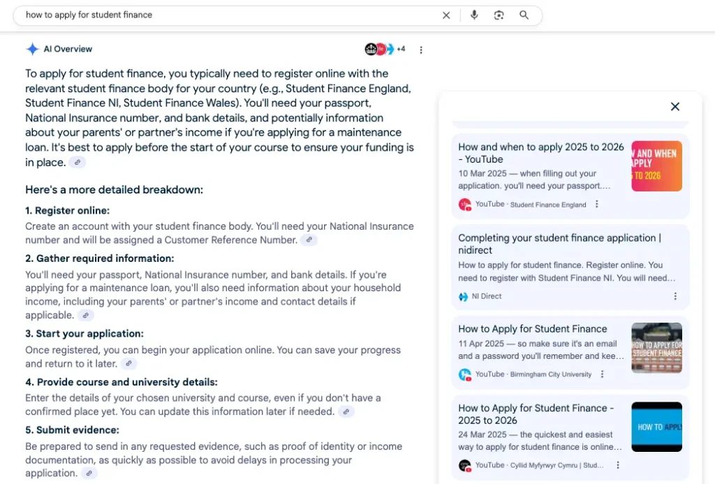 AI Overview for "How to apply for student finance" showing two YouTube sources in the link card