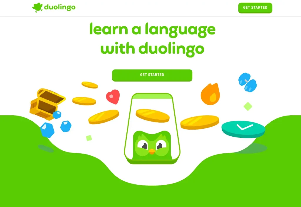 Duolingo homepage showing visual identity of bold, green colours, playful gamification emojis, the Duo the Owl, and CTA buttons