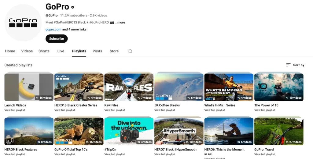 GoPro YouTube channel showing the different playlists that capture their bold, energetic, and aspirational branding