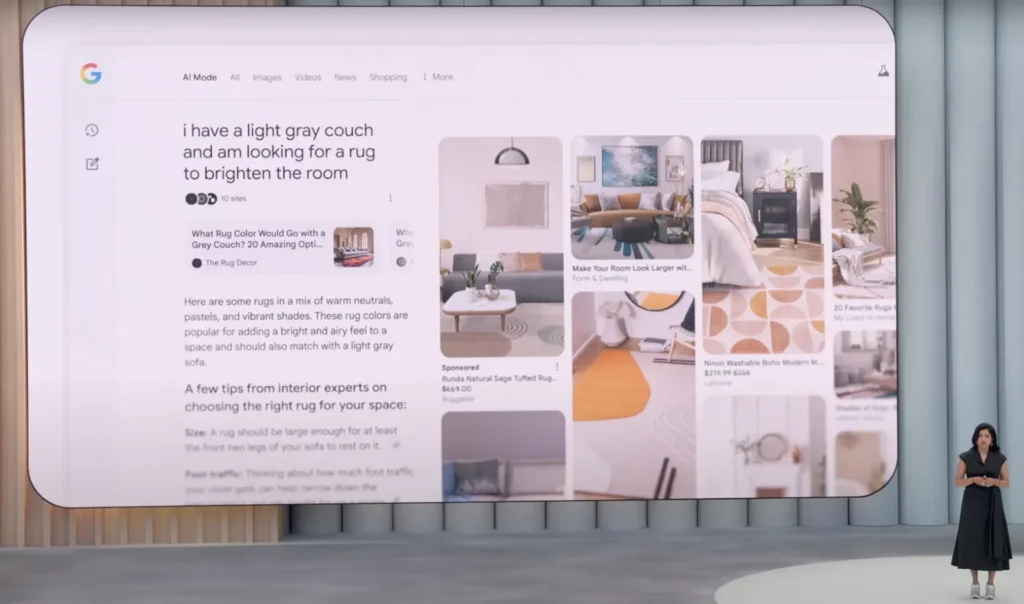 Vidhya Srinivasan presenting on ad integration in AI Mode at Google I/O 2025 Keynote. 