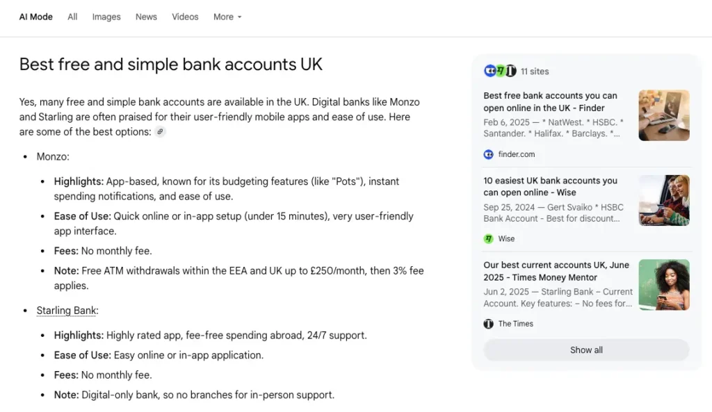 Monzo in AI Mode for "Best free and simple bank accounts UK"