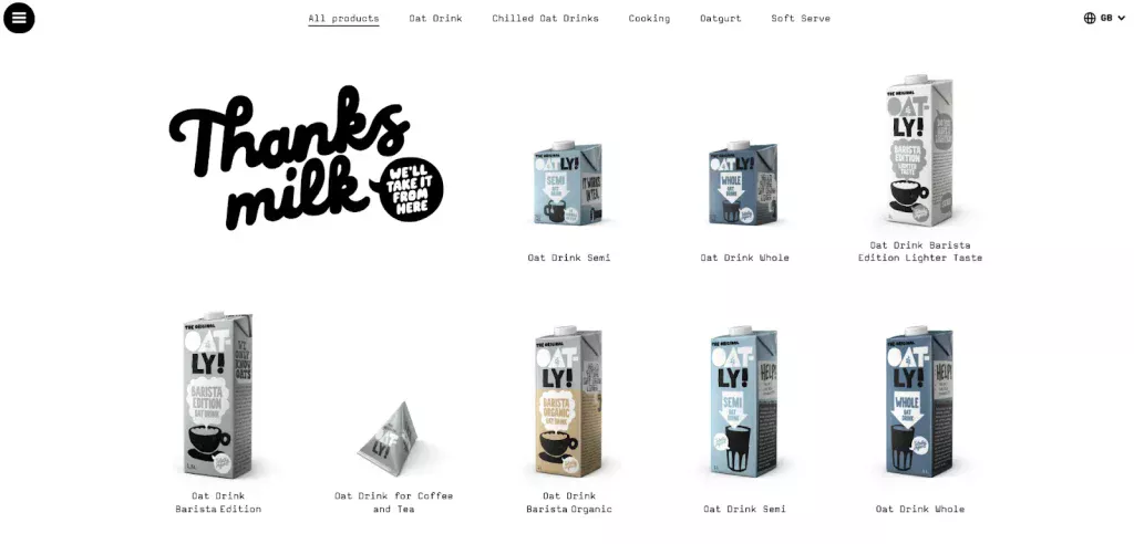 Oatly product page showing attitude with "thanks milk, we'll take it from here" header and graphic branding on the products