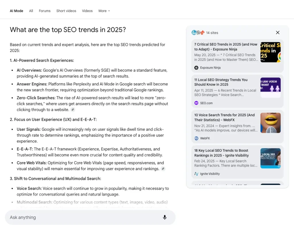 Exposure Ninja featuring in AI Mode for "What are the top SEO trends in 2025"
