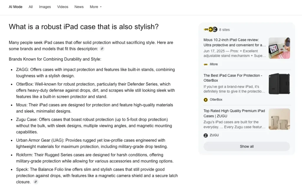 Zugu Case featuring in AI Mode for "What is a robust iPad case that is also stylish"