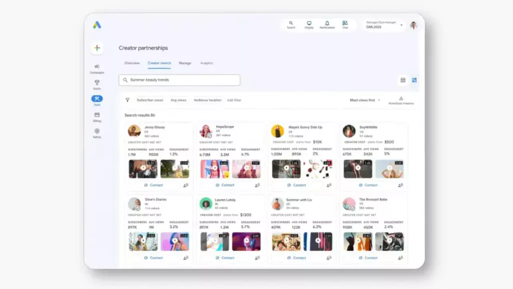 Screenshot of Google Ads' Creator Partnership Hub.