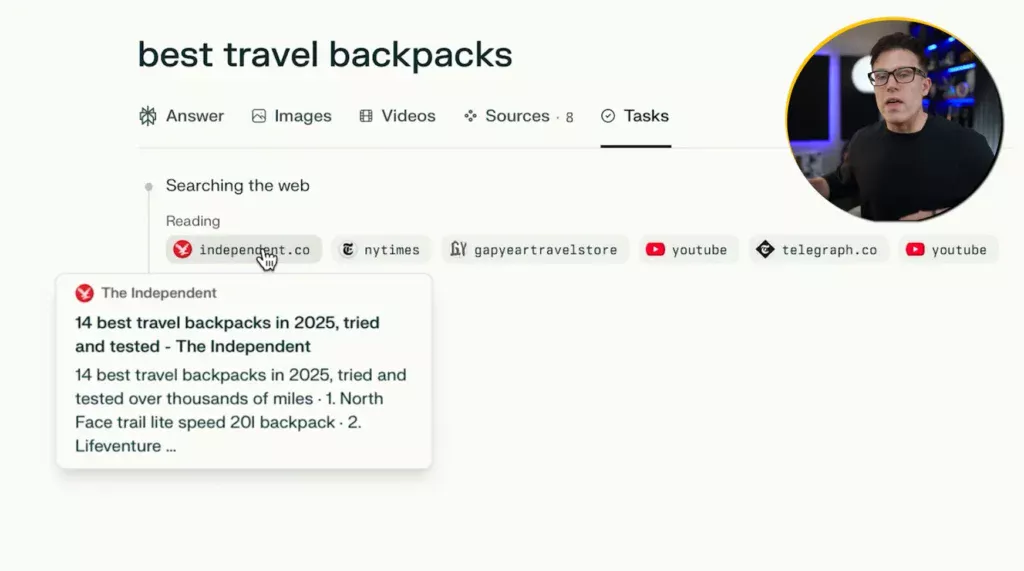 Screenshot of a Perplexity result for a search for "best travel backpacks".