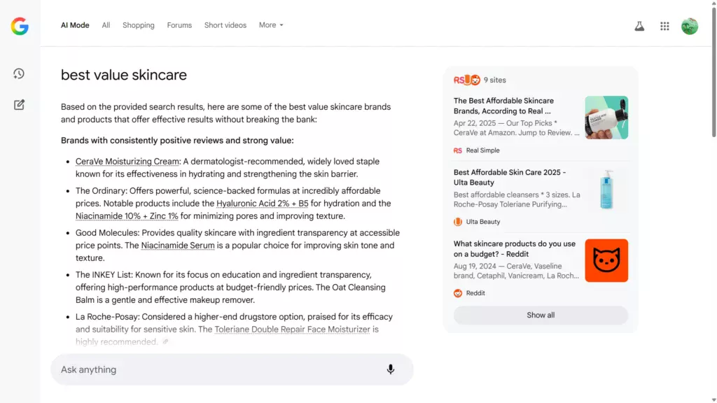 Screenshot of The Ordinary featuring in an AI Mode answer.
