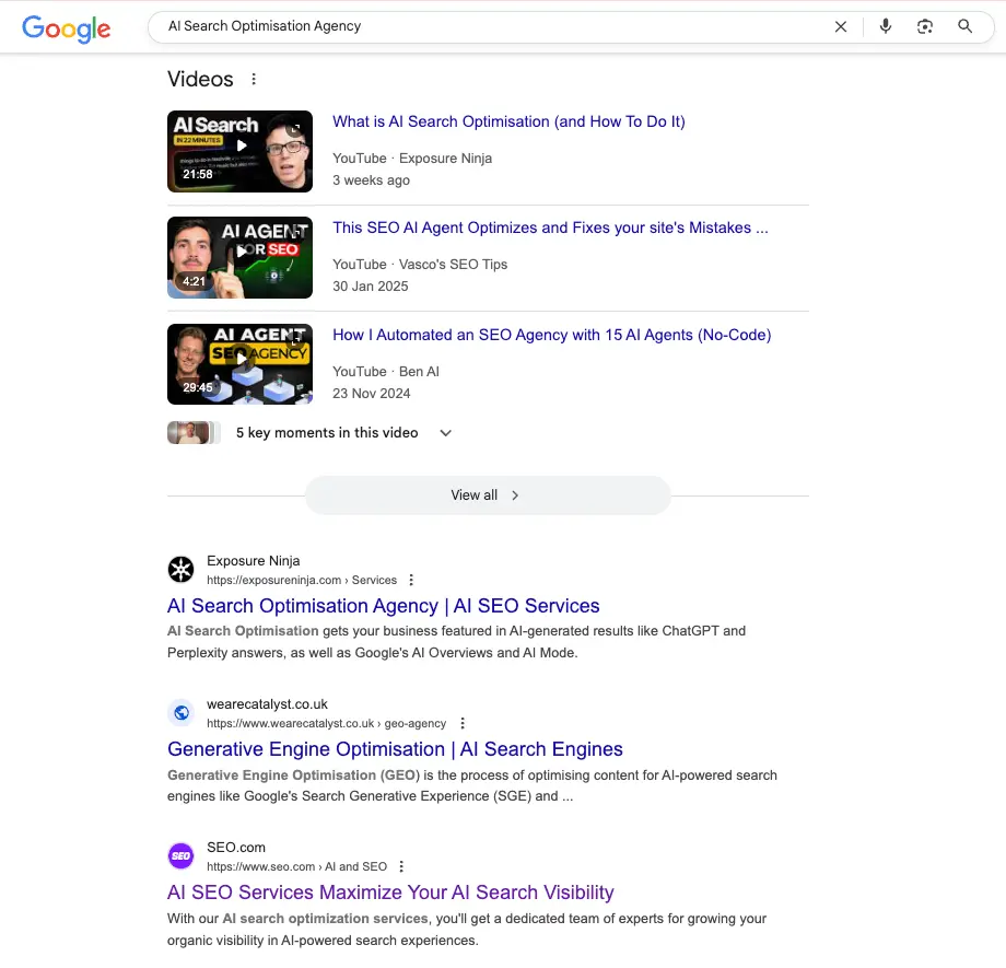 Exposure Ninja AI Search Optimisation Agency Ranking in Video Carousel and Position One on Google