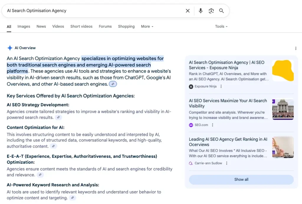Exposure Ninja AI Search Optimisation Service Page ranking in AI Overviews
