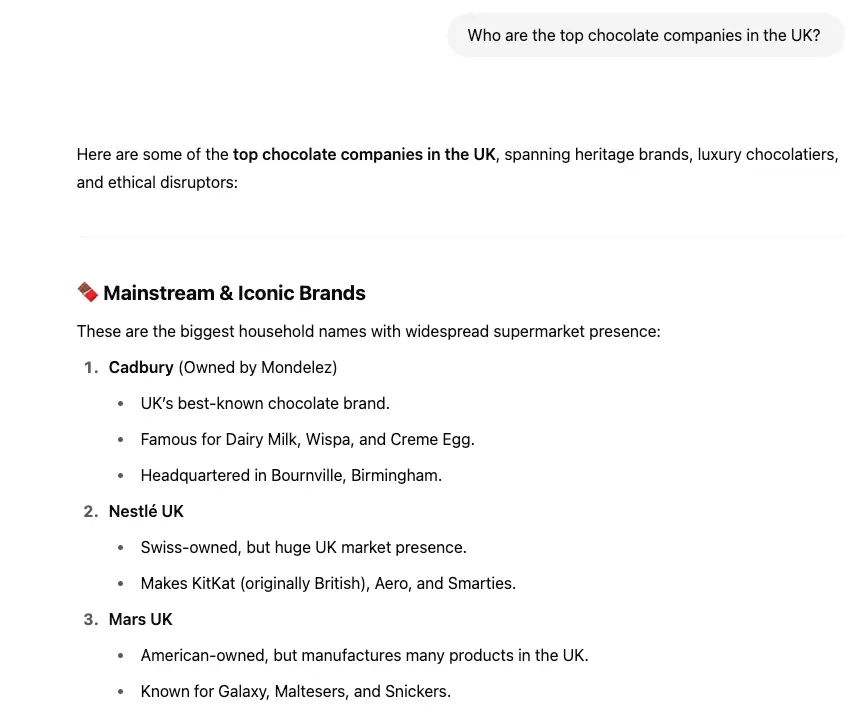 ChatGPT listing Cadbury and Nestle to "Who are the top chocolate companies in the UK"